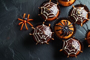 Spooky Halloween spider muffins for children. Top view over a dark slate background. Happy Halloween with original sweets