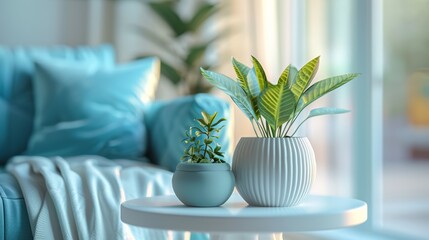 Indoor plant decoration in a bright living room setting with a comfortable blue couch in the background