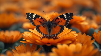   a butterfly perched on a vibrant flower amidst an orange and yellow floral backdrop