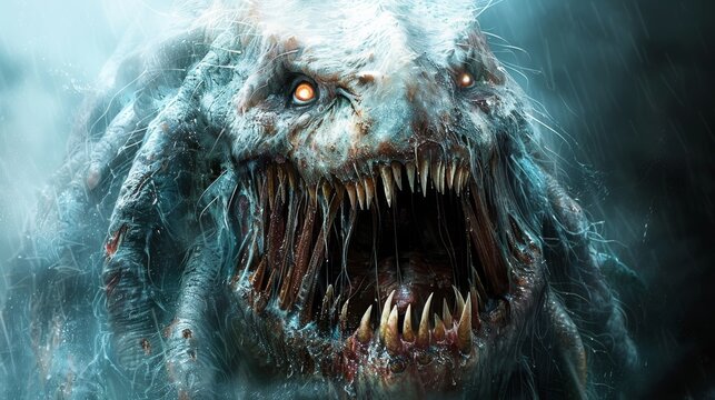  A detailed image of a terrifying monster with an opened mouth revealing razor-sharp teeth