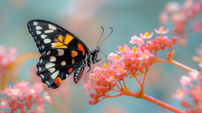  A close-up photo of a butterfly perched on a flower with pink petals and a blue sky in the backdrop