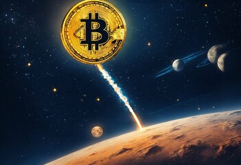 Bitcoin riding on a rocket to the moon