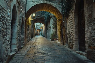 Fototapeta na wymiar Beautiful medieval street in Assisi, Umbria, Italy. Beautiful large European streets are reminiscent of the beginning of summer vacation and summer adventure