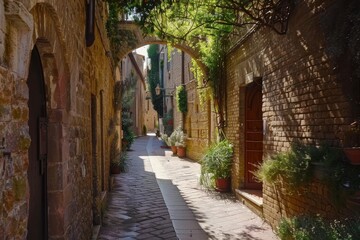 Fototapeta premium Beautiful medieval street in Assisi, Umbria, Italy. Beautiful large European streets are reminiscent of the beginning of summer vacation and summer adventure