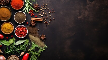 Obraz na płótnie Canvas Culinary herbs and spices flat lay design, copyspace