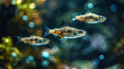 A school of colorful fish gracefully swims alongside each other in the crystalline waters, surrounded by an abundance of sparkling air bubbles - obrazy, fototapety, plakaty
