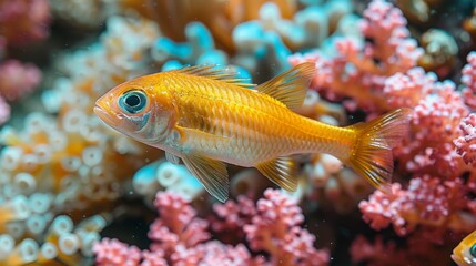 Naklejka premium Fish close-up on coral, corals in background, sea anemone in foreground