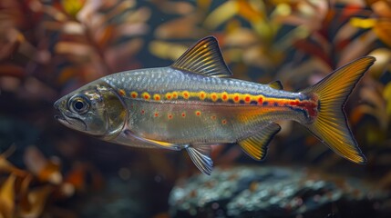 Fototapeta premium A close-up image of a fish in water, surrounded by plants in the background