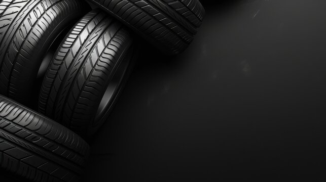 Car tires on black background. Top view with copy space. Seasonal replacement of tires. Car care concert