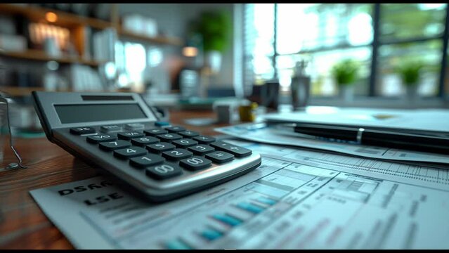 Spreadsheet calculator and charts on a desk, depicting tax, mortgage, debt, and household finances. Animated 3D illustration