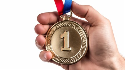 Hand holding 1st place gold medal trophy on white background.
