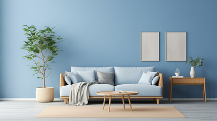 Blue living room interior with sofa, coffee table, plant, and frames on the wall.