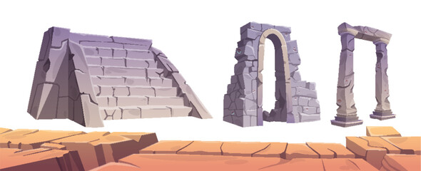 Fototapeta premium Stone ruins of broken ancient stone buildings. Arch brick rock entrance and stairs. Cartoon vector illustration set pieces of abandoned architecture and old temple construction.