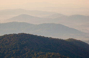 Hazy Morning Overlook at Shenandoah National Park along the Blue Ridge Mountains in Virginia
