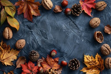 Colorful fall leaves, nuts, and pine cones border rustic dark banner background. Top view, copy space.