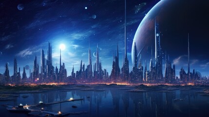 Fototapeta na wymiar Futuristic city in night lights with galaxy planets in sky