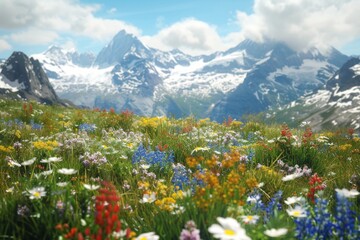alpine meadow with wildflowers - obrazy, fototapety, plakaty