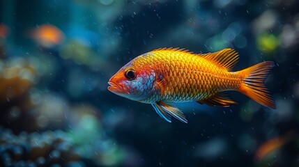  Goldfish zoom in aquarium, blue-orange water, coral backdrop