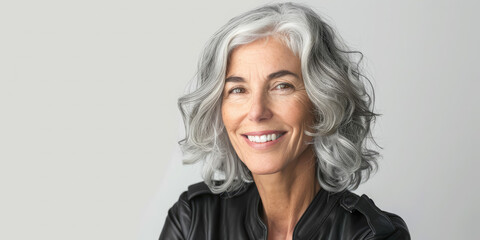 Fototapeta premium beautiful smiling elderly woman with gray hair on white background, lady, grandmother, old age, wrinkles, person, portrait, face, wrinkles, studio photo, skin care