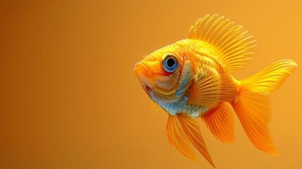 Fototapeta premium A focused image of a golden fish on a yellow canvas, slightly blurring behind the fish's gaze