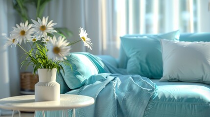 Serene living room corner with daisies in a vase and a turquoise throw on the couch