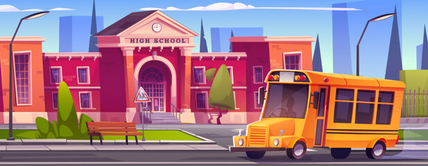 High school building facade with red walls, green grass and trees on yard, path to entrance and bench with streetlights on sidewalk, yellow bus on road. Cartoon vector cityscape with schoolhouse.