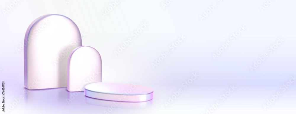 Wall mural 3d holographic arch shape objects isolated on purple and white gradient background. vector realistic