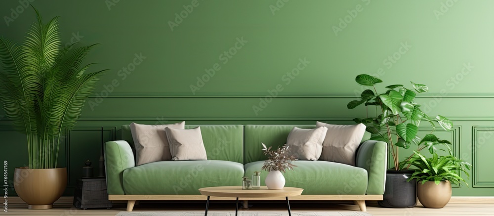 Canvas Prints A cozy living room painted in green hues with a comfortable couch and various potted plants used as decor