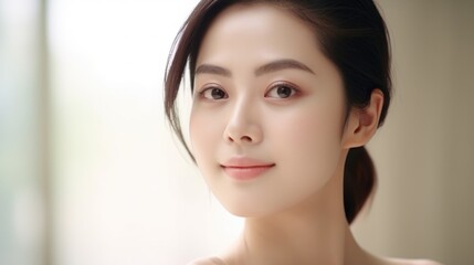 Japanese 30-40 years old woman with smooth healthy face skin. Skincare commercial portrait. Chinese, Korean asian woman touch face. Beauty and cosmetics skincare advertising concept