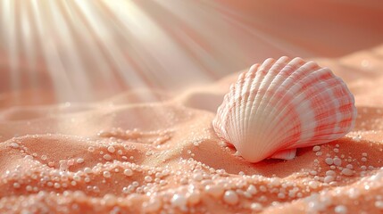  A macro image captures a seashell on a sandy shore beneath the sun, with water droplets glistening on the ground - obrazy, fototapety, plakaty