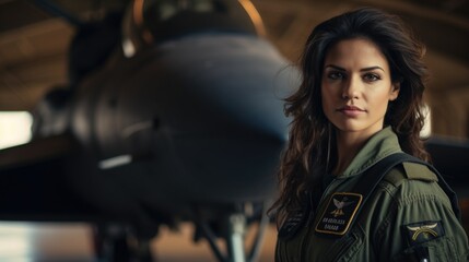 Military fighter jet woman pilot portrait, half body, copyspace