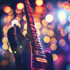 Close-up of an electronic guitar on a concert stage with bokeh effects, capturing the essence of a...