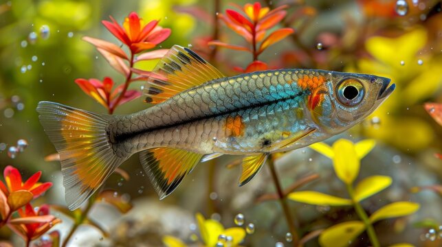  Close-up photo of fish in water with surrounding plants, flowers, and droplets