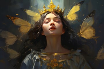 
Illustration of a young female monarch with eyes closed, preparing for the crown to touch their head, a moment frozen in time. - obrazy, fototapety, plakaty