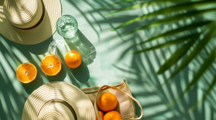 summer flat lay with straw hat, glass of water and orange fruit green background with palm leaf...