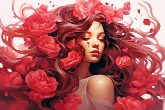 
Illustration of a girl with flowing petals for hair, embodying the grace and delicacy of a rose.