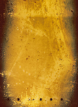 Artistic vintage photo with film grain, dust and scratches. Yellow rusty metal plate for background textures or iron; color abstract illustration