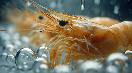  A detailed photo of a shrimp surrounded by water droplets at the bottom