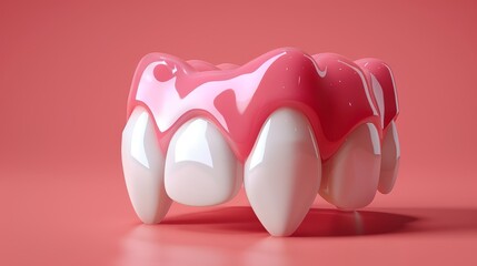  Pink and white tooth model on pink background with shadow on bottom teeth