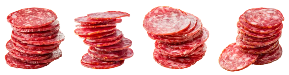 Foto op Plexiglas Stack of salami slices isolated on transparent background  © PNGSTOCK
