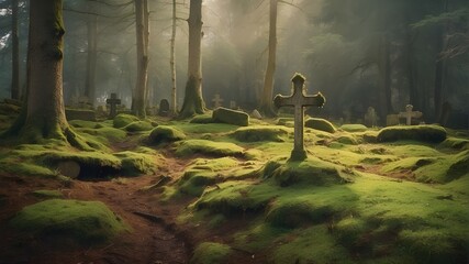 A woodland excavated graveyard with a wooden cross resting on moss. A natural grave in the forest. burying trees, woodland, excavated, graveyard, wooden, cross, resting, moss, natural, grave, forest,  - obrazy, fototapety, plakaty