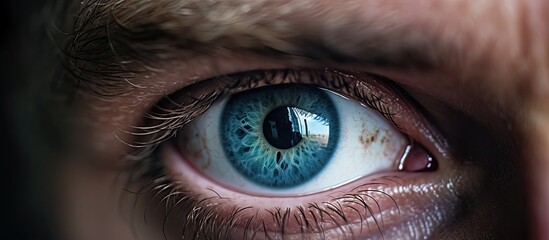 A detailed close-up view of a person's eye showing intricate details and a beautiful brown iris