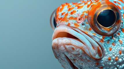 A close-up photograph of a fish with an orange and blue color scheme on its body and eyes