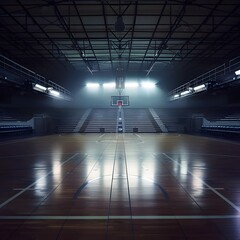 An abandoned basketball arena lit up by bright floodlights, emphasizing the eerie emptiness and...