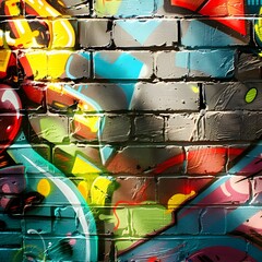 Urban graffiti art on a brick wall, showcasing vibrant spray-painted designs against textured...
