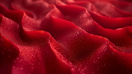  A zoom in on a scarlet cloth, featuring liquid droplets atop and beneath it - obrazy, fototapety, plakaty