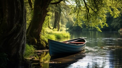 A picturesque river with a vintage rowboat a romantic and rustic scene