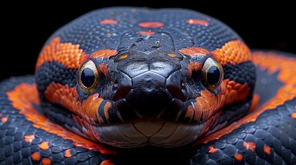 Fototapeta premium A macro shot of a venomous snake's face, displaying its vibrant orange and black scales against a dark backdrop