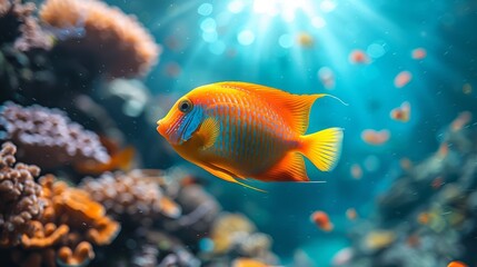 Fototapeta na wymiar a fish in an aquarium with numerous fish, sunlight, and a beautiful background