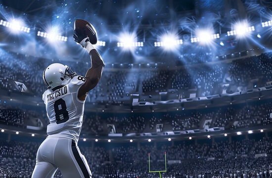 the american football player in white uniform number "8" is catching the ball on big stadium with lights and crowd